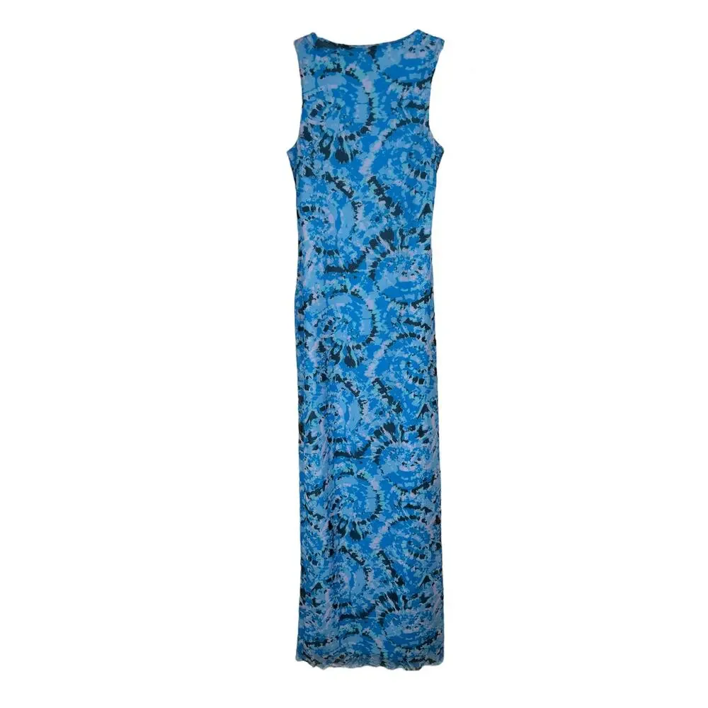 Something New Serena Print Sleeveless Mesh Maxi Dress Malibu Blue Aop Violeta XS